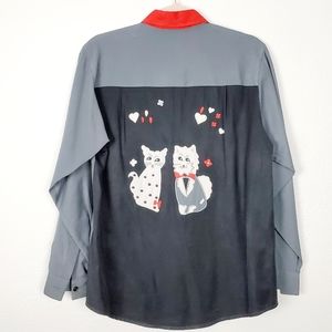 Vintage Embroidered Button Down Cat Shirt Colorblock Medium